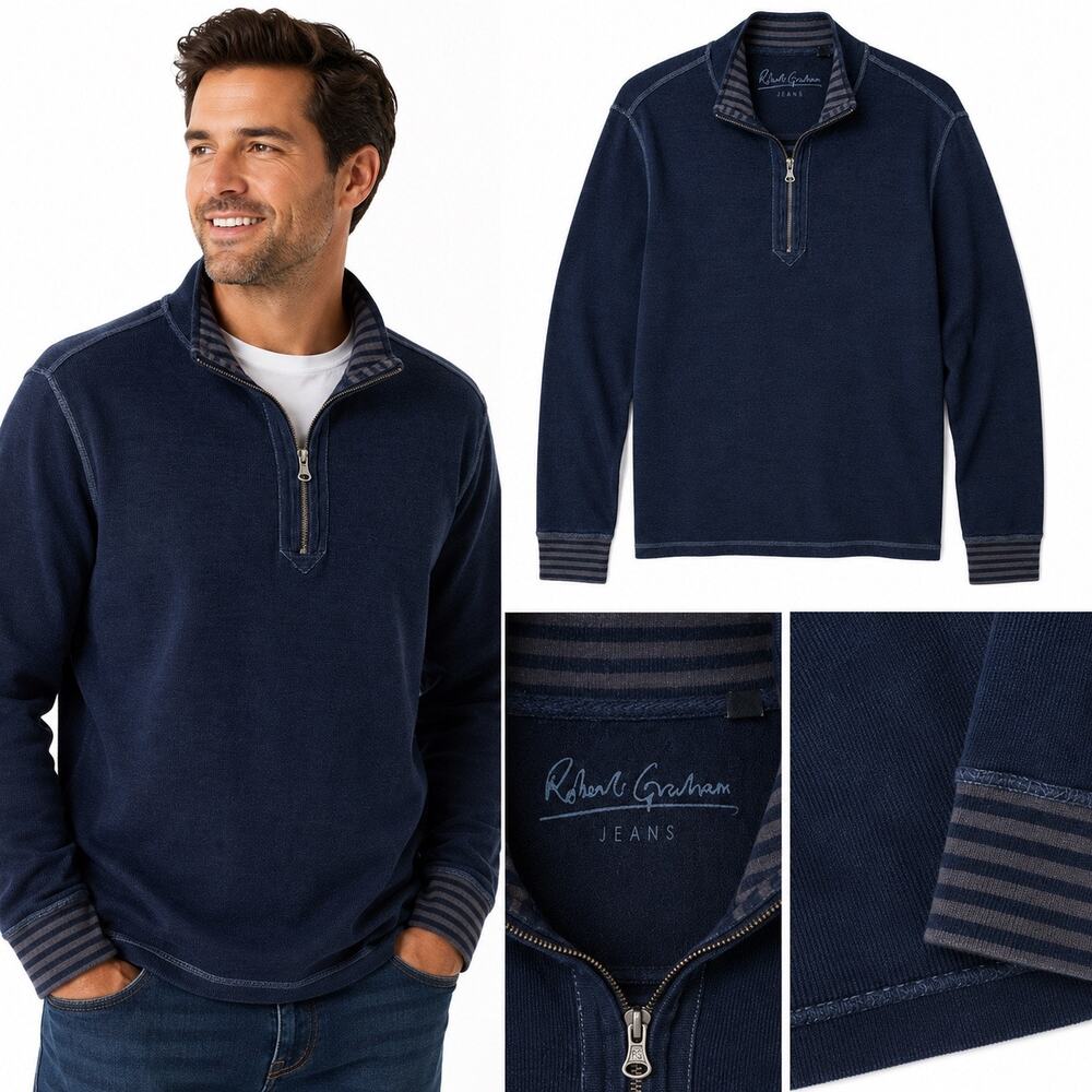 Robert Graham Jeans Men’s XL Navy Blue Quarter Zip Cotton Pullover Sweater